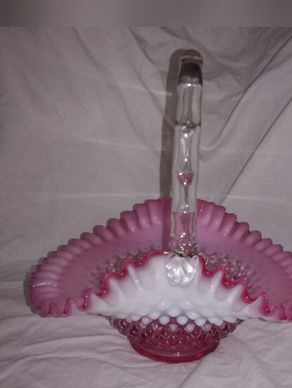 Vintage Fenton Glass Cranberry Hobnail Basket Ruffled Edge Cracked Handle
